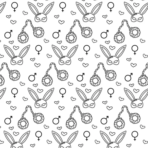  Kelepçeli ve maskeli kusursuz bir şekil. Seks oyuncaklarıyla desen. Doodle tarzı.