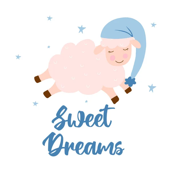 Vector illustration of a cute sheep with stars. Childrens poster with a happy sheep. Poster for the nursery. Sweet dreams. — Stock Vector