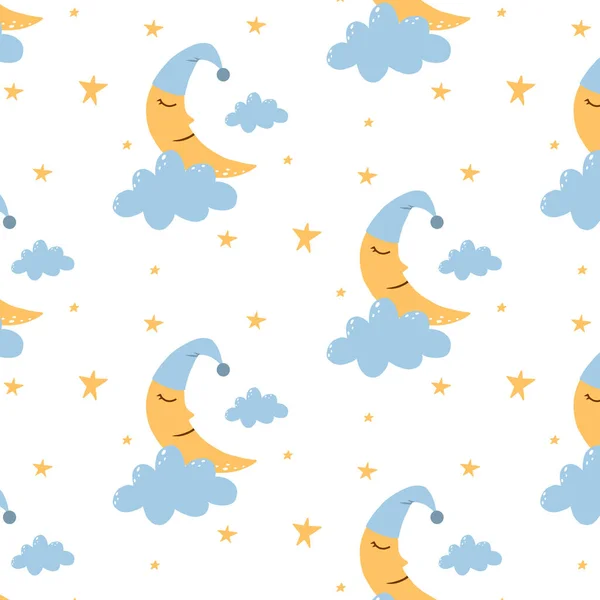 Patrón sin costura vectorial con luna y nubes. Lindo patrón de buenas noches infantiles. Patrón con cielo nocturno y luna. — Vector de stock