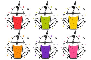 Smoothie bardakları. Doodle tarzı. Farklı renklerde meyve suları.