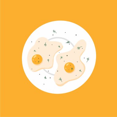 Yeşillikli sahanda yumurtanın vektör çizimi. Tabakta omlet. kahvaltı kavramı.