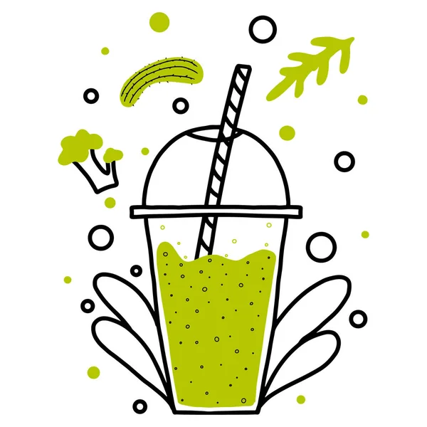 Ilustração vetorial de um copo de smoothie. Smoothie verde com legumes verdes. — Vetor de Stock