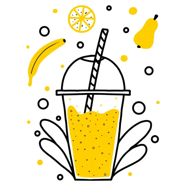 Ilustração vetorial do smoothie amarelo. Smoothie de frutas amarelas. Estilo doodle. — Vetor de Stock