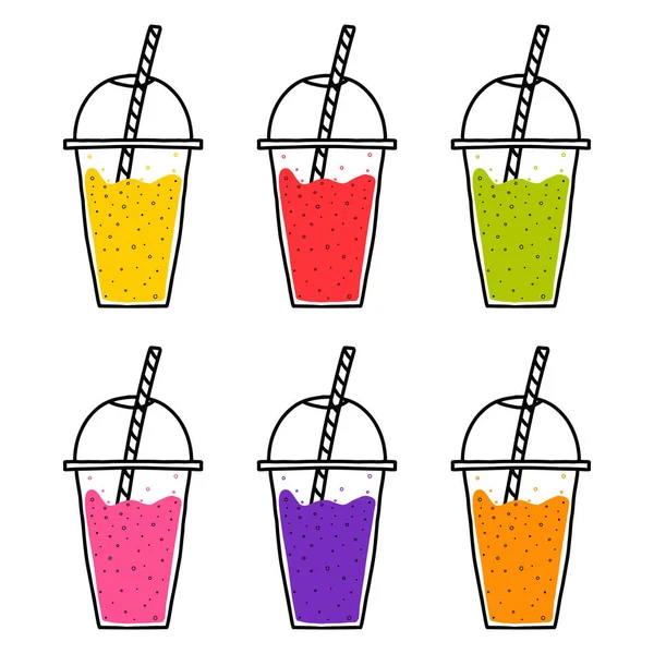 Smoothie bardakları. Doodle tarzı. Farklı renklerde meyve suları.