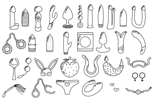  Bir dizi seks oyuncağı. Doodle tarzı. Yetişkinler için oyuncaklar ve aksesuarlar.