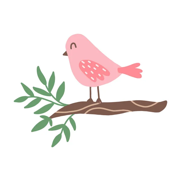 Lindo pájaro rosa en una rama. Pájaro de primavera en el árbol. Vector ilustración dibujada a mano. — Archivo Imágenes Vectoriales