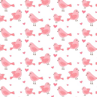  Şirin pembe kuşlarla kusursuz bir desen. Kuşlar ve kalplerle desen. Karalama biçiminde vektör deseni.