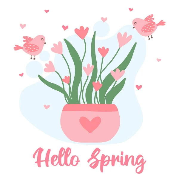 Flor de primavera en una olla. Lindas flores y pájaros rosados. Bonita tarjeta de primavera con flores en maceta y aves. Tarjeta de primavera vectorial en estilo de dibujos animados. — Vector de stock