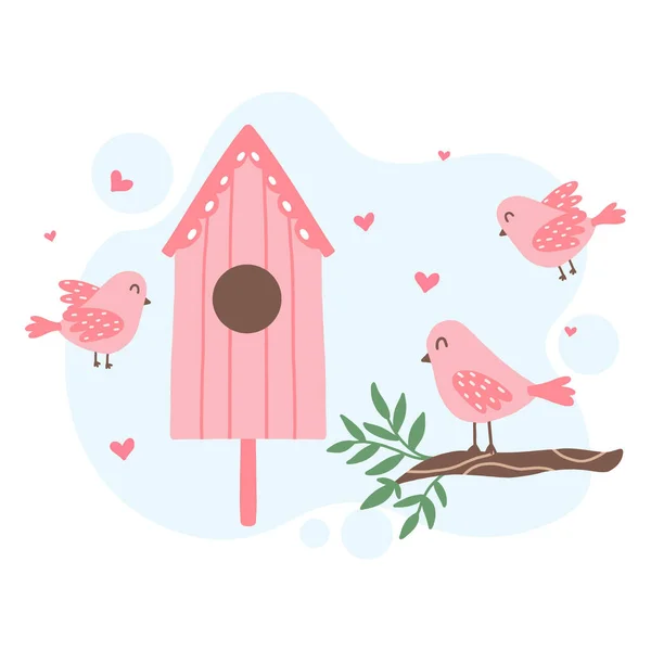 บ้านนกสีชมพูน่ารักกับนกสีชมพู ภาพประกอบฤดูใบไม้ผลิของนกที่มีบ้านนก ภาพเวกเตอร์ในรูปแบบการ์ตูน การกลับมาของนก . — ภาพเวกเตอร์สต็อก