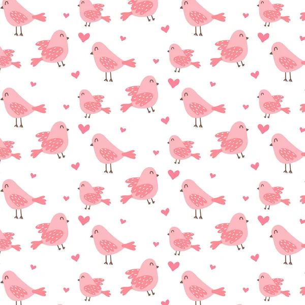 Patrón sin costuras con lindos pájaros rosados. Patrón con pájaros y corazones. Patrón vectorial en estilo doodle. — Vector de stock