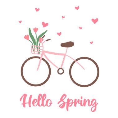 Sepetinde çiçekler olan pembe bir bisiklet. Laleli pembe bisiklet. Bahar çizimi. Bahar kartpostalı. El çizimi biçiminde vektör illüstrasyonu.