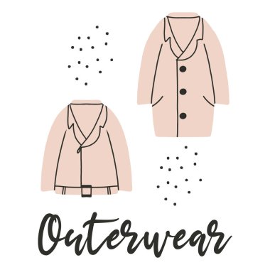 Giysiler. Kadın dış giyimi. Kadın ceketi ve ceketi. Bahar giysileri. Karalama biçiminde vektör illüstrasyonu.