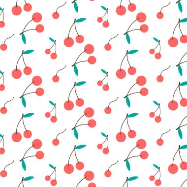 Kırmızı kirazlı kusursuz desen. Olgun kirazlı desen. Karalama biçiminde vektör deseni.