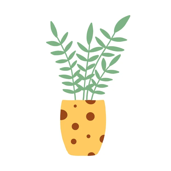 放在锅里的家庭植物。在一个黄色的罐子里种植可爱的家庭植物.美丽的植物，绿叶。手绘风格的矢量插图. — 图库矢量图片