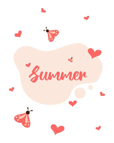 Cartão de verão com borboletas e corações. Cartão postal bonito com borboletas. Cartão postal abstrato. Cartão postal vetorial em estilo doodle. —  Vetores de Stock