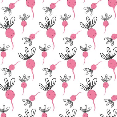 Pembe turplu kusursuz desen. Karalama stilinde vektör deseni. Karalama tarzında sebzeli desen.