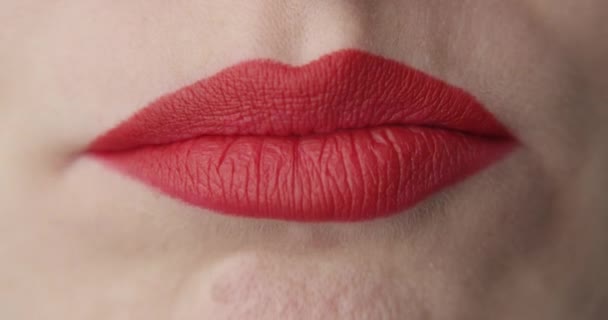 Soprando Através Dos Lábios Vermelhos Balançando Sacudindo Uma Macro Tiro — Vídeo de Stock