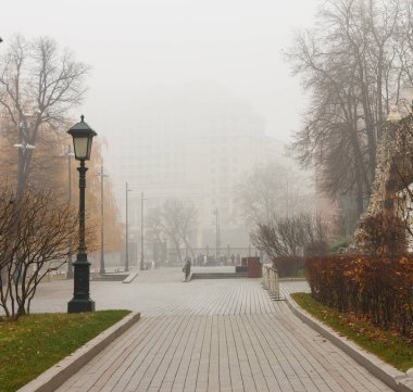 Moskova, Rusya 'da yoğun sis var. Kasım. Kremlin yakınlarındaki İskender bahçesinde.