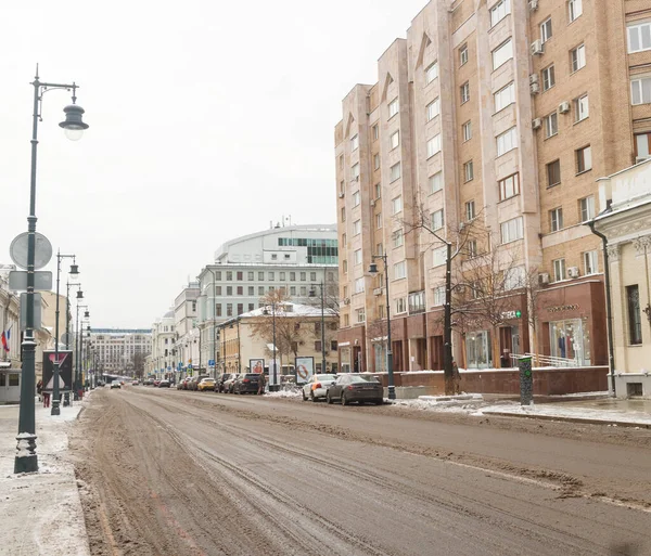 Moscow Russland 2021 Malaya Dmitrovka Straße Laternen Modernes Haus Vordergrund — Stockfoto