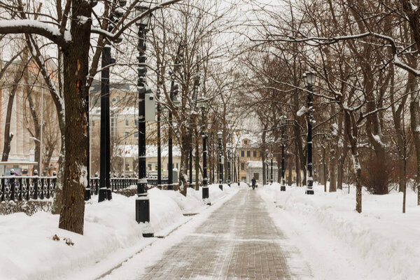 Moscow, Russia. January. Winter view of Strastnoy boulevard in direction to Petrovskie vorota square