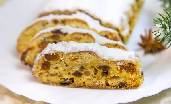 Stollen Karácsonyi Torta Asztalon Szelektív Fókusz Élelmiszer — Stock Fotó