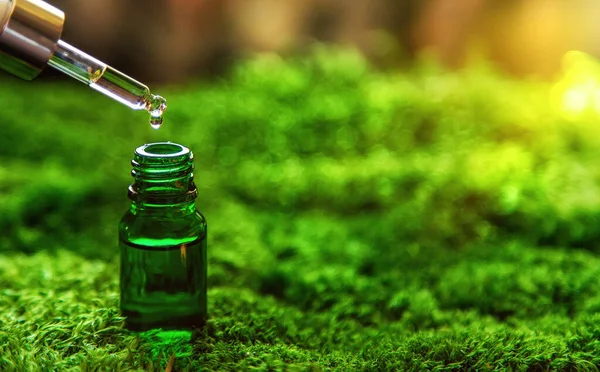 Kosmetik Der Flasche Und Ätherische Öle Auf Moos Naturbad Selektiver — Stockfoto