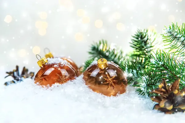 Kerstkaarten Met Sneeuw Decor Selectieve Focus Nieuwjaar — Stockfoto