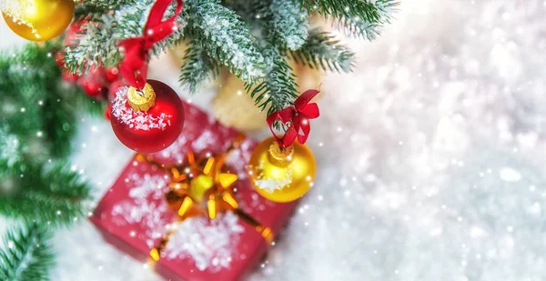 Cartões Natal Com Neve Decoração Foco Seletivo Ano Novo — Fotografia de Stock