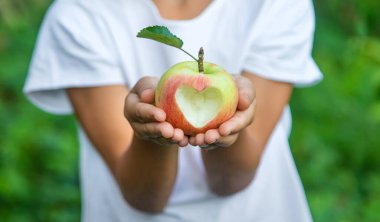 Çocuk bahçede bir elma yiyor. Seçici odaklanma. Çocuk.