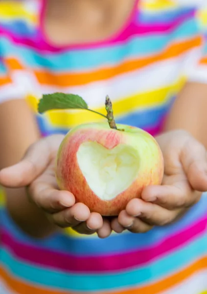 아이는 정원에서 사과를 먹는다 선택적 집중입니다 어린이 — 스톡 사진