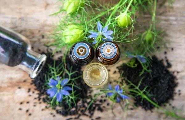 Schwarzkümmelöl Einer Flasche Selektiver Fokus Natur — Stockfoto