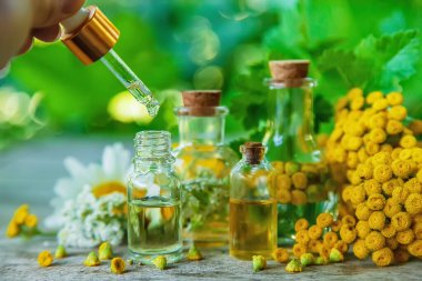 Şişedeki otların tentürü. Seçici odaklanma. Doğa.