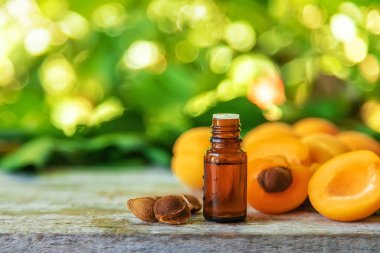 Şişedeki kayısı çekirdeği yağı. Seçici odaklanma. Yiyecek..