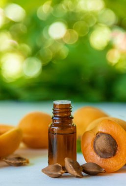 Şişedeki kayısı çekirdeği yağı. Seçici odaklanma. Yiyecek..