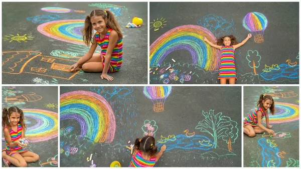 Barn Ritar Collage Med Krita Asfalten Selektivt Fokus Grabben — Stockfoto