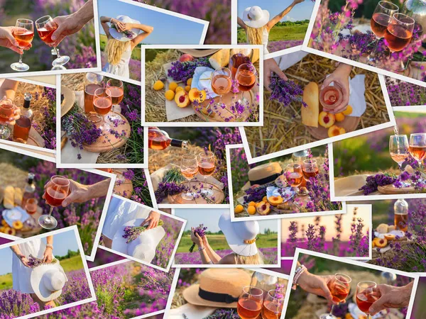 Picknick Lavendel Mit Weincollage Selektiver Fokus Natur — Stockfoto