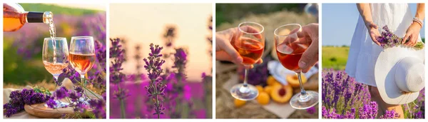 Picknick Lavendel Med Vincollage Selektivt Fokus Natur — Stockfoto