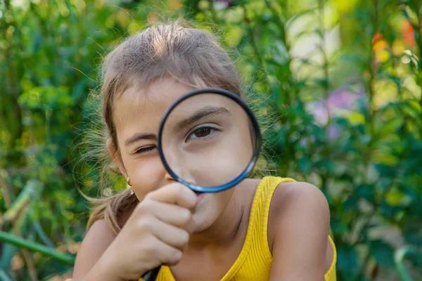 Child Examines Plants Magnifying Glass Selective Focus Kid — Stock Photo, Image