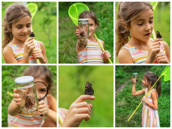 The child catches butterflies with a butterfly net collage. Selective focus. Nature.