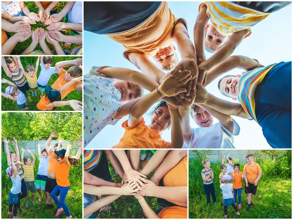 Los Niños Están Jugando Con Las Manos Juntas Con Collage — Foto de Stock
