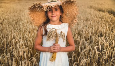 Buğday tarlasında bir çocuk. Seçici odaklanma. Doğa.