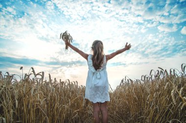 Buğday tarlasında bir çocuk. Seçici odaklanma. Doğa.