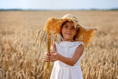 Buğday tarlasında bir çocuk. Seçici odaklanma. Doğa.