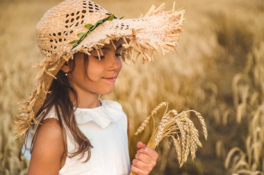 Buğday tarlasında bir çocuk. Seçici odaklanma. Doğa.