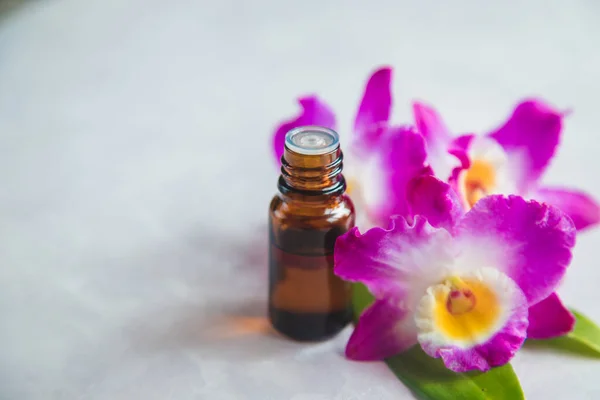 Orchid Essential Oil Small Bottle Selective Focus Nature — Stock Photo, Image