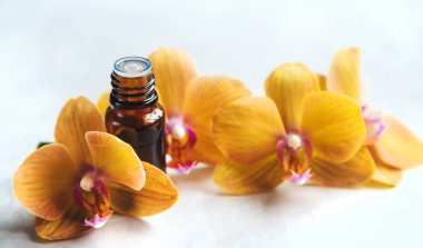 Küçük bir şişedeki orkide yağı. Seçici odaklanma. Doğa.