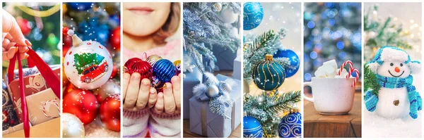 Collage Met Prachtige Kerstfoto Selectieve Focus Nieuwjaar — Stockfoto