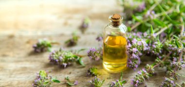 Kekik yağı küçük bir şişede. Seçici odaklanma. Doğa.