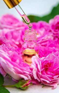 Küçük bir şişede gül yağı. Seçici odaklanma. Doğa.