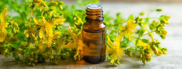 Ätherisches Johanniskrautöl Einer Kleinen Flasche Selektiver Fokus Natur — Stockfoto